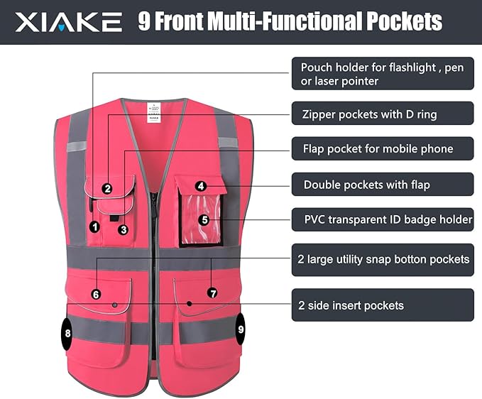 XIAKE 9 Pockets Class 2 High Visibility Reflective Safety Vest for Men Women,Meets ANSI/ISEA Standard