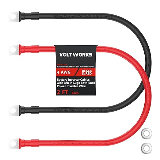 VOLTWORKS 4 AWG Gauge Red + Black Pure Copper Battery Inverter Cables Solar, RV, Car, Boat 2ft 3/8 in Lugs