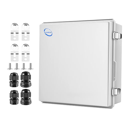 Waterproof Outdoor IP67 Junction Box (13"x13"x5.1") with Mounting Plate, Hinged Grey Cover and Wall Brackets - Weatherproof ABS Plastic Electrical Enclosure for DIY Projects (330x330x130mm)