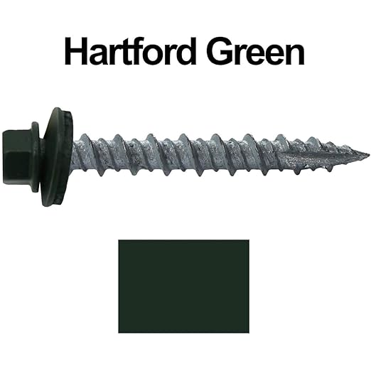 Metal ROOFING SCREWS: (250) 10 x 1-1/2" Hartford Green Hex Head Sheet Metal Roof Screw. Self starting metal to wood siding screws. EPDM washer. Colored head