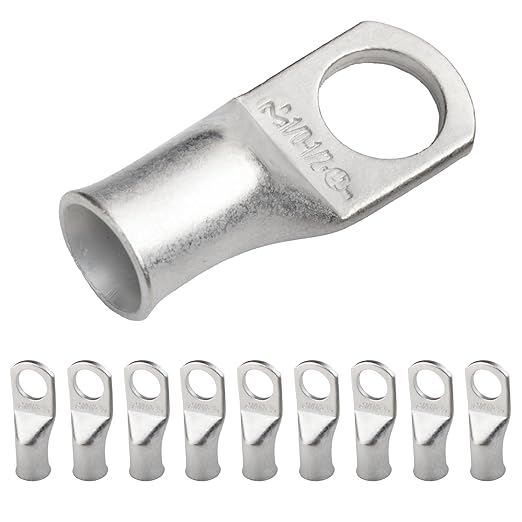 SELTERM 10pcs 1/0 AWG-1/2" Stud Tinned Copper Wire Lugs, Heavy Duty Battery Cable Ends,0 Gauge Ring Terminals, UL Battery Lugs Marine Grade Copper Eyelets Electrical Battery Terminal Connectors