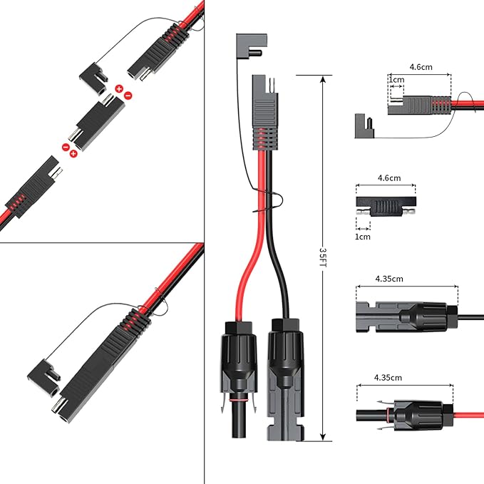 10AWG 35FT Solar Connector to SAE Adapter 2 3.3 10 20 35 50 FT SAE Solar Panel Extension Cable with SAE Polarity Reverse Adapter for Solar Panels Car Battery Charger Kit