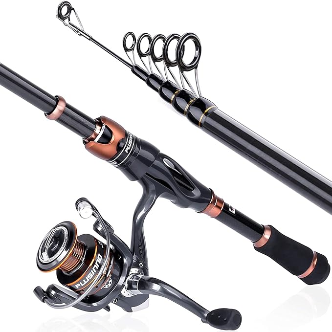 PLUSINNO Fishing Rod and Reel Combos, Bronze Warrior Toray IM6 Carbon Matrix Telescopic Fishing Rod Pole, 12 +1 Shielded Bearings Stainless Steel BB Spinning Reel, Travel Freshwater Fishing Gear
