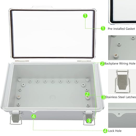 Zulkit Junction Box ABS Plastic Dustproof Waterproof IP67 Electrical Boxes Hinged Shell Outdoor Universal Project Enclosure Grey Clear Cover, Stainless Steel Buckles 10.2 x 6.3 x 3.9 Inch