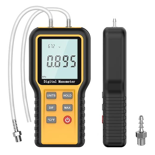 Manometer, Dual-Port HVAC Manometer with 12 Units Switch, Storage & Reminder Function, LP Gas Pressure Tester for Temperature and Pressure Testing, MMT2118563