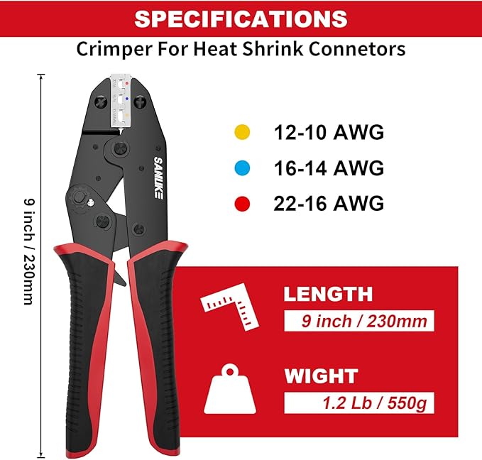 Sanuke Ratchet Crimping Tool for Heat Shrink Connectors (AWG 22-10), Wire Terminal Crimper for Insulated Nylon Connectors, Crimping Pliers for Electrical Repairs, Auto Wiring & Home Projects