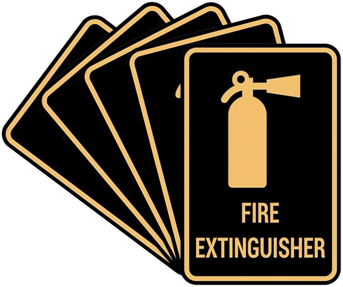 Signs ByLITA Portrait Round Fire Extinguisher Sign with Adhesive Tape, Mounts On Any Flat Surface (Black Gold) - Large (5 Pack)