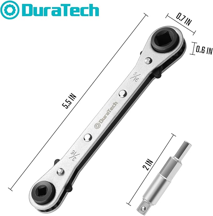 DURATECH 4 IN 1 HVAC Service Wrench, 3/16", 1/4", 5/16", 3/8", Air Conditioning & Refrigeration Equipment, Hex Bit Adapter