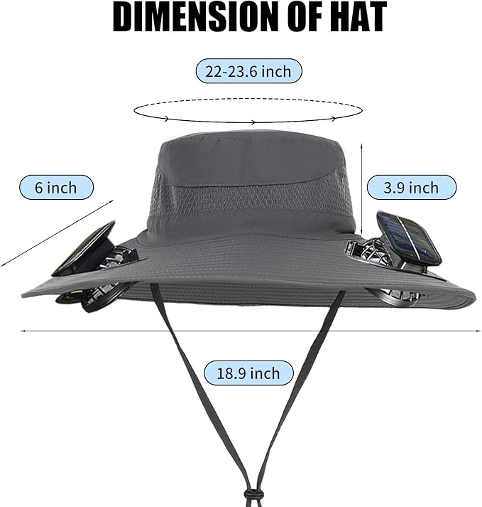 Wide Brim Outdoor Solar Fan Hat, UPF 50+ Fishing Hat for Man with 2 Solar Fan, 3 Modes 180°Rotating Fan Hats