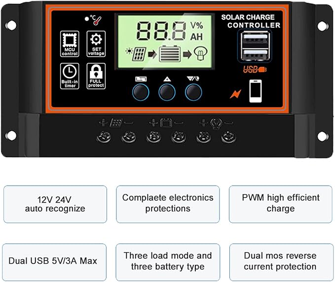 60A Solar Charge Controller, 12V/24V, LCD Display, Adjustable Parameter, Timer Setting, USB, Auto Charge Regulator (Black)