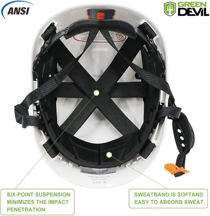 GREEN DEVIL Safety Helmet Hard Hat with Visor Chinstrap Adjustable Lightweight Vented ABS Work Helmet for Men and Women 6-Point Suspension ANSI Z89.1 Approved Ideal for Industrial & Construction