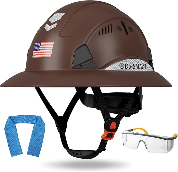 Full Brim Hard Hat ANSI Z89.1 Type 1 & OSHA Certified Safety Helmet with Glasses and Cooling Towel,with 6-Point Suspension & Adjustable Vents