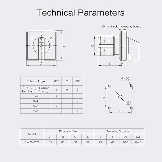 Changeover Switch LW28-32 3 Positions 8 Terminals Universal Rotary Cam Selector Latching Switches 690V 32A