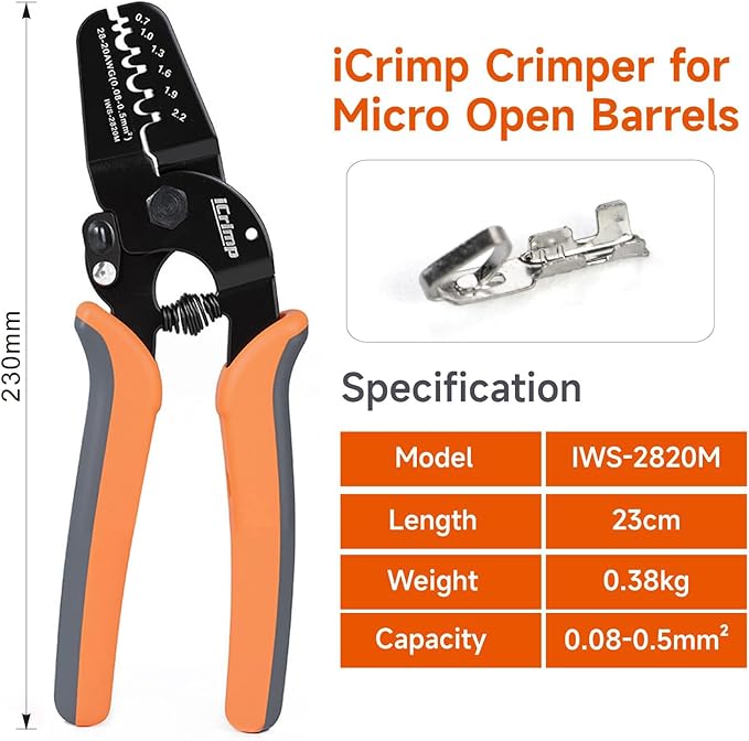 iCrimp Mini Micro Open Barrel Crimping Tools Works on AWG28-20 JAM, Molex, Tyco, JST Terminals and Connectors used for FPV, Drone Servo