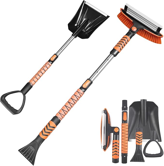34'' to 41'' Extendable Snow Brush, Ice Scraper for Car Windshield, Emergency Snow Shovel Snow Broom with Foam Grip 180° Pivoting Brush Head, Telescoping Snow Scraper for Car SUV Truck, Orange