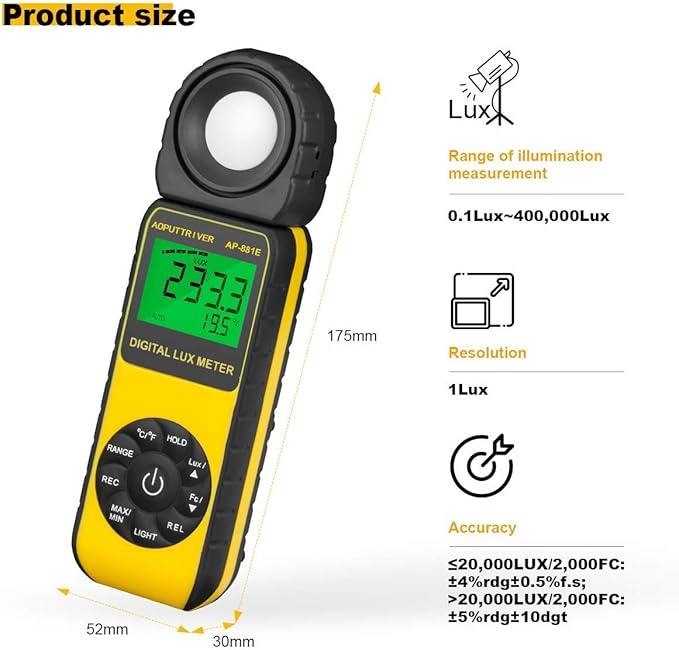 Digital Illuminance Light Meter,0.01~300,000 Measurement Range Lux Meter Foot Candles Luxmeter with 270º Rotated Sensor for Indoor Outdoor Light Meters for Plants (AP-881E)
