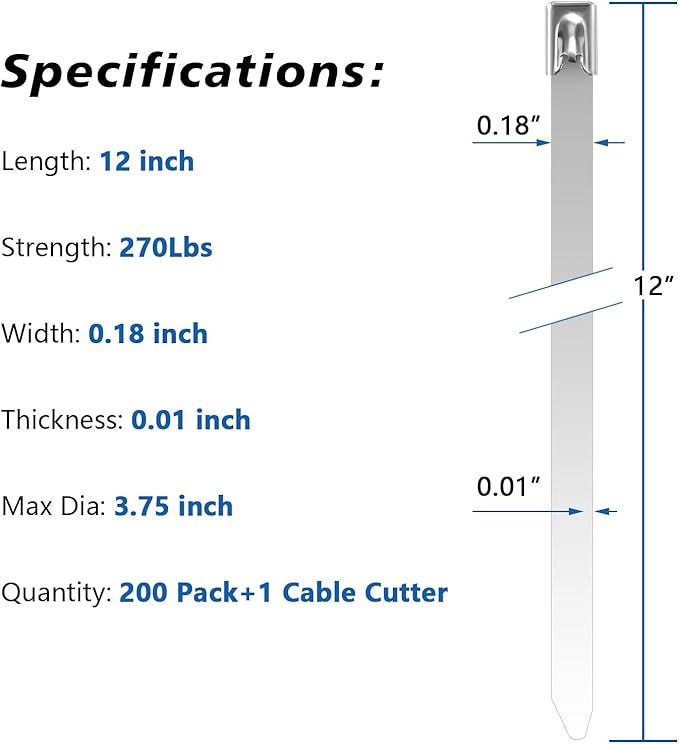 Professional Metal Zip Ties Gun Tool Kit with 200 PCS 12 Inch Stainless Steel Cable Ties & Organizer Holder for Electricians, HVAC, Chainlink Fence Ties, Industrial Use