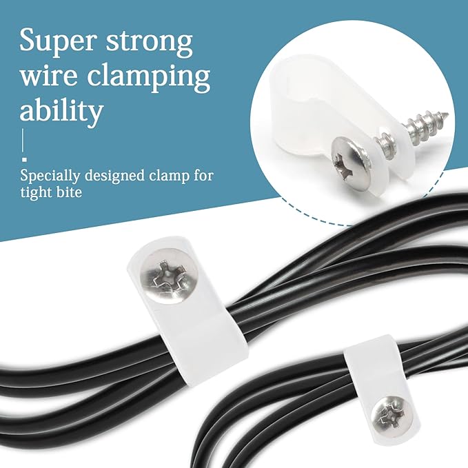 50 Pcs 1/3 Inch White Nylon Screw Mounting R-type Cable Clip Wire Clamp, 8.4mm Cable Clip Wire Clamp for Wire Management, Stainless Steel Screws Included