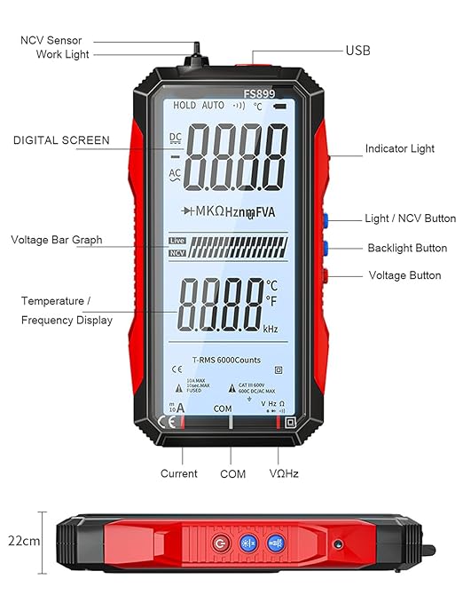 Digital Multimeter, 2026 Upgraded FS899L Multimeter, USB Rechargeable Digital Multimeter, Measures Voltage Automatic Digital Display Multimeter Tester for Home and Industrial Electrical Issues (Red)