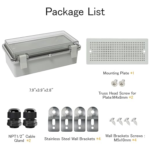 Junction Box IP65 Waterproof ABS Plastic Enclosure Hinged PC Clear Cover Electrical Project Box with Mounting Plate, Wall Brackets, Cable Glands 7.9" x 3.9" x2.8"(200 * 100 * 70mm)