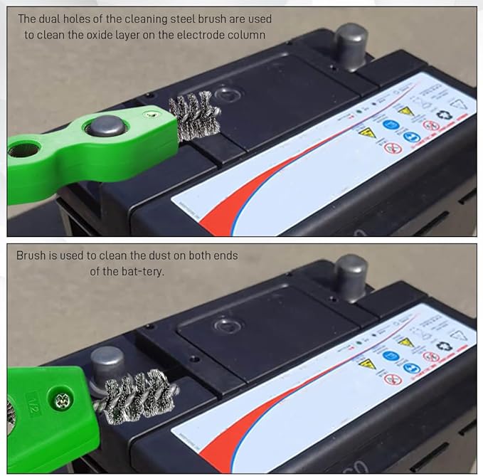 4 in 1 Car Battery Cleaning Brush, Battery Terminal Cleaner, Anti-Rust Auto Battery Cleaner with Steel Wire, Car Accessories Vehicle Machine Parts Clean Tools for Most Vehicles (Green)