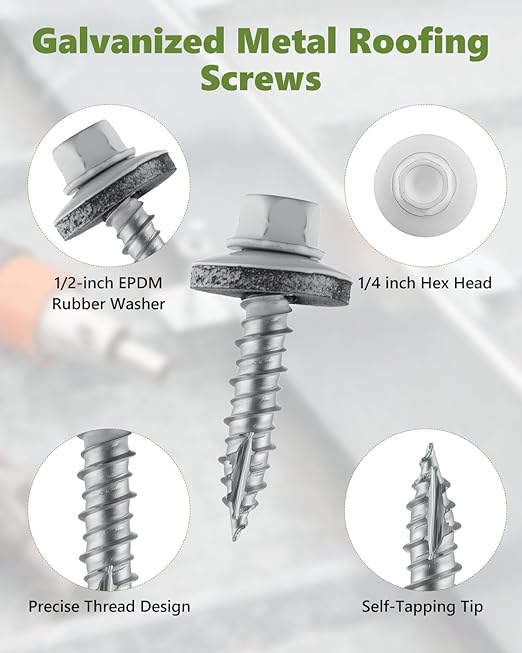 300Pcs White Sheet Metal Screws, 10 x 1 Inch White Ruspert Coating Hex Head Metal Roofing Screws with Rubber Washers for Metals and Corrugated Roofing Panels