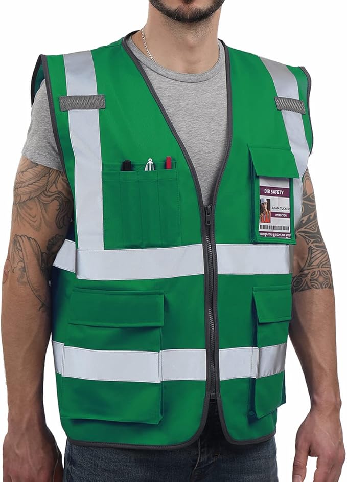 Dib Safety Reflective Vest ANSI Class 2, High Visibility Vest with Pockets and Zipper, Construction Work, Hi Vis