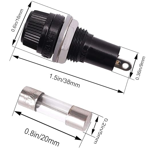 Tnisesm 8 Pcs Panel Mounted 5x20mm Screw Cap Fuse Holder Socket AC 250V 10A/AC 125V 15A Black with 8 Pcs Glass Tube Fuse(10A+15A)