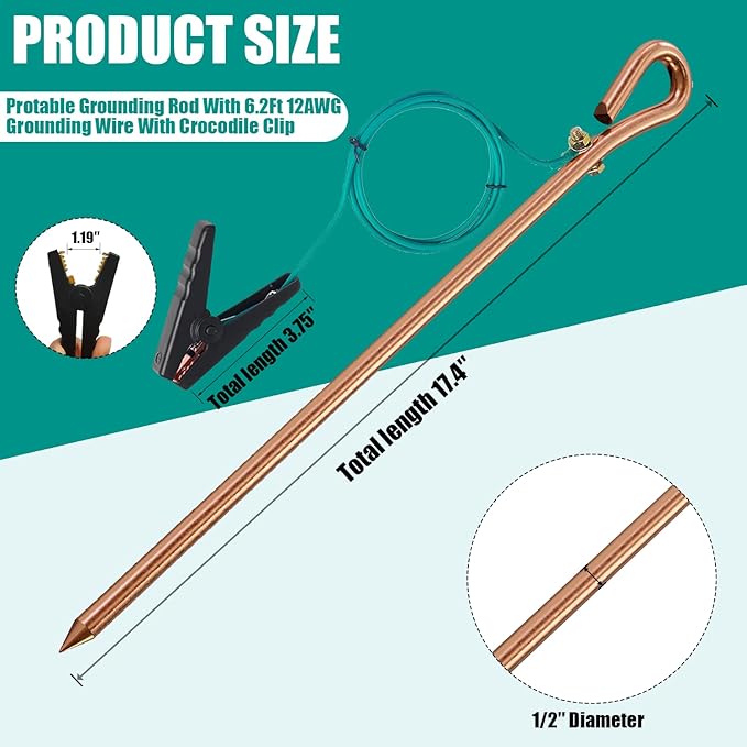 Grounding rod for earthing,Grounding Wire with Crocodile Clip for electric fences,generator,antennas(Set Of 2)