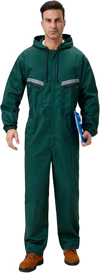 Mens Work Coveralls Mechanic Hooded Overall Workwear Jumpsuits Long Sleeve Hi Viz Coverall with Zippers