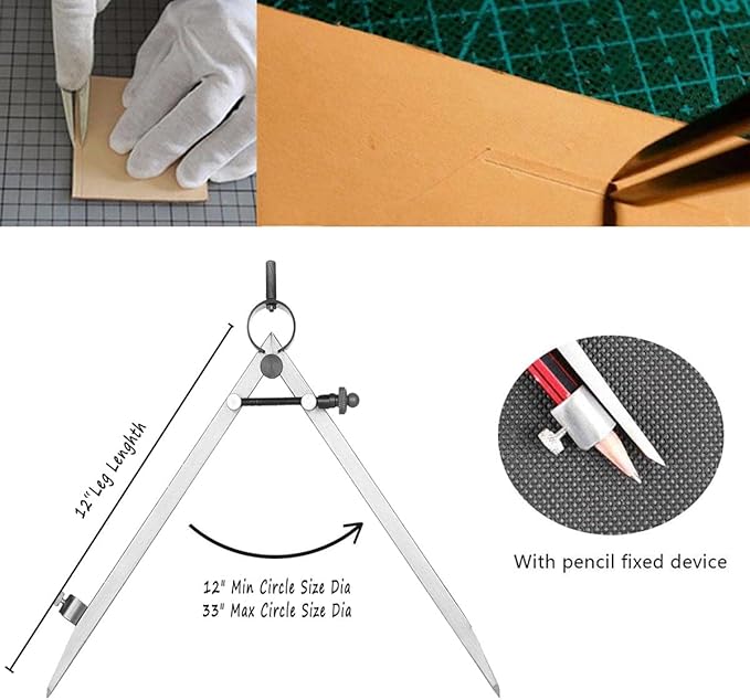 Compass for Geometry, 12 inch Professional Leather Work Divider, Woodworking Compass with Pencil Holder, Spring Divider Wing Compass, Drawing Compass for Leather and Woodworking