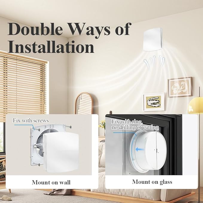 WiseWater Bathroom Exhaust Fan, 110V ac 56CFM 34 dB 4” Duct 6" Panel Extractor Fan, Ceiling&Wall Mounted Ventilation Fan for Bathroom, Laundry Room, Bedroom, Office