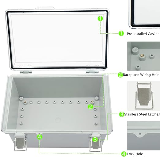 Zulkit Junction Box ABS Plastic Dustproof Waterproof IP67 Electrical Boxes Hinged Shell Outdoor Universal Project Enclosure Grey Clear Cover, Stainless Steel Buckles 11.4 x7.5 x 5.5 Inch