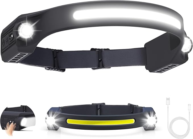AlpsWolf Headlamp Rechargeable LED 1Pack - 2 XPE LED and COB LED Head Lamp, Motion Sensor, 260° Wide Beam, IPX4 Waterproof, Rechargeable Headlight for Camping Accessories