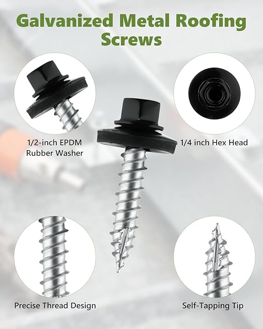 #10 × 1 Inch Black Hex Head Self-Drilling Metal Roofing Screws, 300pcs Zinc Plated Sheet Metal to Wood Siding Screws with Rubber Washers for Metals and Corrugated Roofing Panels