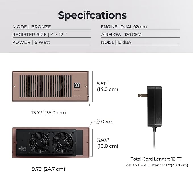 Quiet Register Booster Fan Fits 4" x 12" Register Holes, 10-Speed Smart Heating Cooling AC Vent Fan with Remote Control and Thermostat Control - Bronze