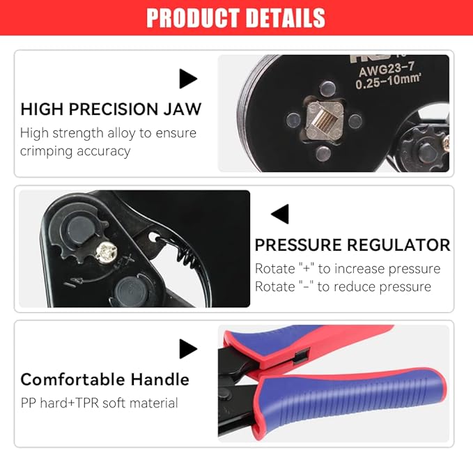 HKS Ferrule Crimping Tool AWG 23-7, Square Ratchet Self-Adjusting Crimper for End-Sleeve Terminals