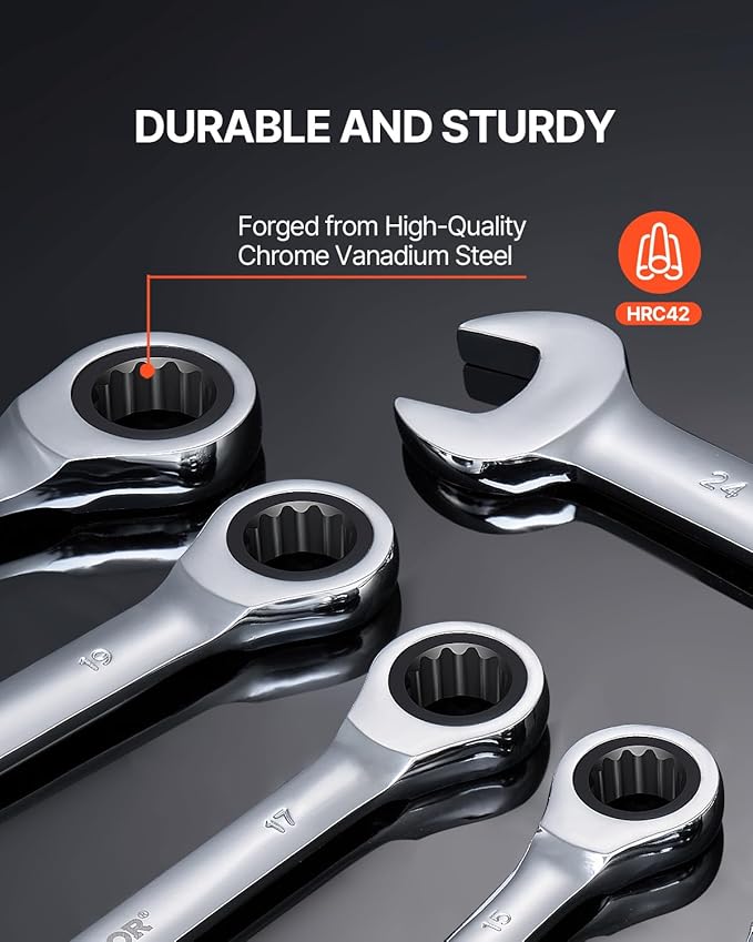 VEVOR Combination Wrench Set, 16-Piece Ratcheting Wrench Set with Organizer Rack, Cr-V Steel, Metric 8 mm to 24 mm, Ideal for General Household, Garage, Workshop, Auto Repairs, Emergency