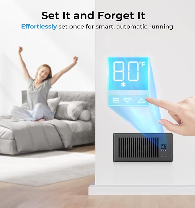 VELLEE Quiet Register Booster Fan Fits 4" x 10" (DUCT OPENING CUTOUT), 10-Speed Smart Heating Cooling AC Vent Booster Fan w/Remote Control & Thermostat Control (Vertical Grille - Black) - Corded