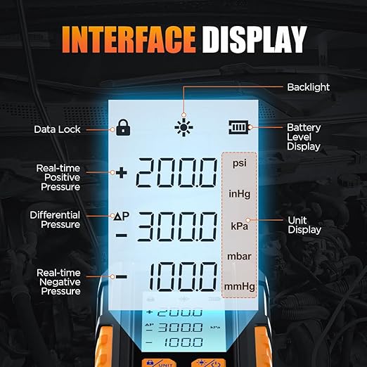 Manometer Gas Pressure Tester -101 to 200KPa Digital Manometers Dual-Port Gas Manometers HVAC with Auto Calibration, Backlight LCD Display, Data Hold Air Pressure Meter
