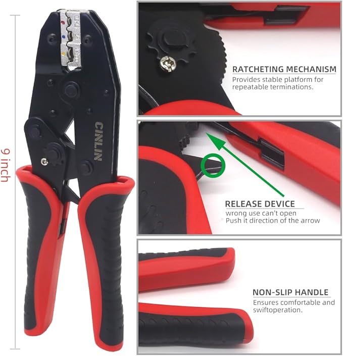 Crimping Tool For Insulated Electrical Connectors - Ratcheting Wire Crimpers - AWG 22-10 (0.5-6.0mm²) - Ratchet Insulated Terminal Crimper -Electrical Crimping Tool HS-03C