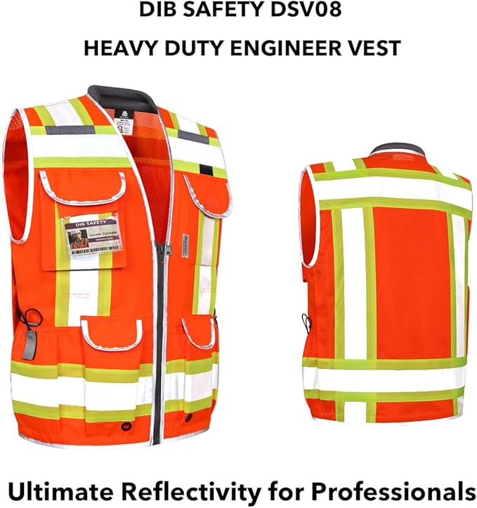 Dib Safety Reflective Vest Heavy Duty, High Visibility Two Tone Engineer Vest, Padded Collar, Retractable ID Pocket, Made with 3M Reflective Tape, Orange S