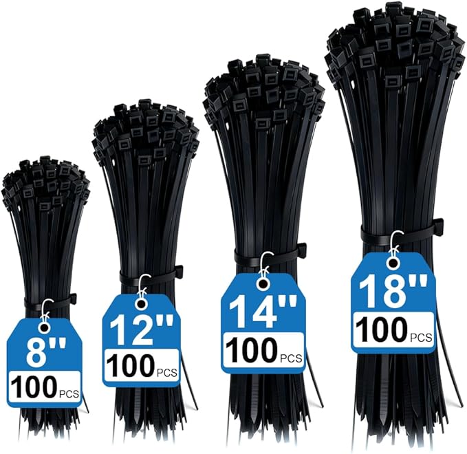400 Pack Black Zip Ties Assorted Sizes 8+12+14+18 Inch, Heavy Duty 100lbs Self-Locking Electrical Cable Ties, UV Resistant Wire Ties for Indoor and Outdoor Use