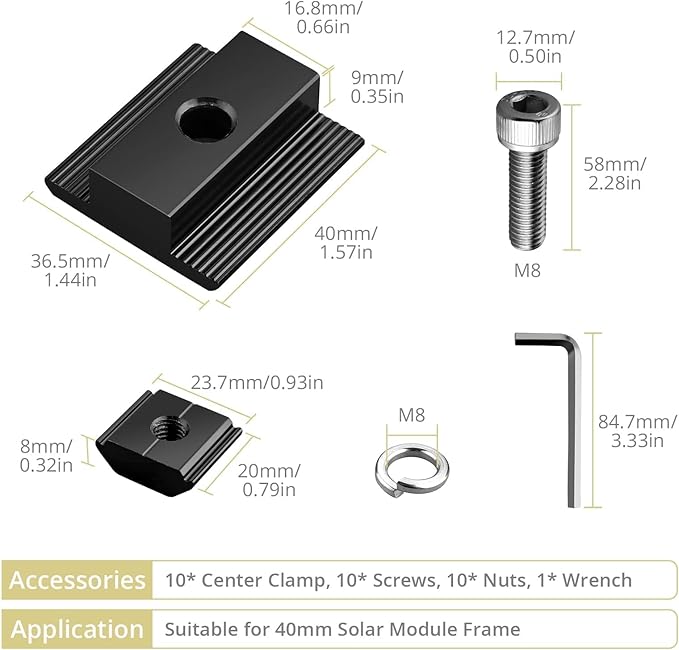 Anbte 10pcs Solar Panels Centre Clamps, Aluminium T-Shaped Mid Clamps 40mm Solar Panel Mounting Brackets Solar Mounting Rail Connector for Metal Roof, Tin Roof, Flat Roof, Sheet Roof, Black