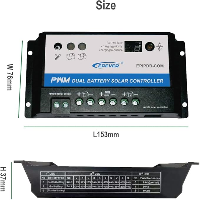 EPEVER EPIPDB-COM Series Dual Battery Solar Charge Controller 20A 12V/24V Auto Work for RVs Caravans and Boats etc Duo Battery Solar Charging System