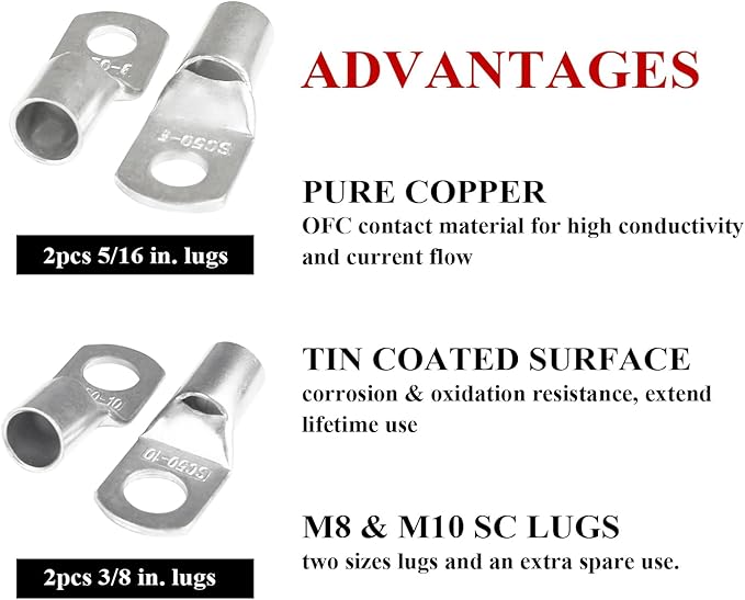 2 Gauge Battery Power Cable (Black, 12 Feet) - 2 AWG Automotive Welding Wire with M8 & M10 SC Lugs for Car, Camper, RV, Solar Low Voltage Wiring - Copper Clad Aluminum