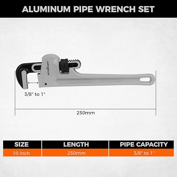 HORUSDY 10-Inch Aluminum Pipe Wrench, Heavy Duty Adjustable Plumbing Wrench for Pipe Fittings, Lightweight 250mm Gray Pipe Tool, Strong Grip & Durable Design for Home and Professional Use