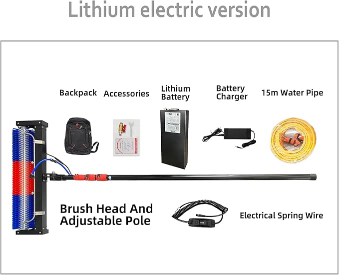 Solar Panel Cleaning Brush and 11FT Water Fed Pole Kit, Adjustable Extension Roller Brush, Window Washing Cleaner Equipment with Lithium Battery