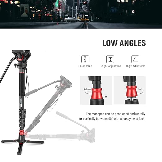 NEEWER Professional Camera Monopod with Feet, 70.5"/179cm Telescopic Portable Aluminum Travel Monopod with Pan Tilt Fluid Head and Removable Tripod Base for DSLR Camera Camcorder, Max Load 13.2lb/6Kg