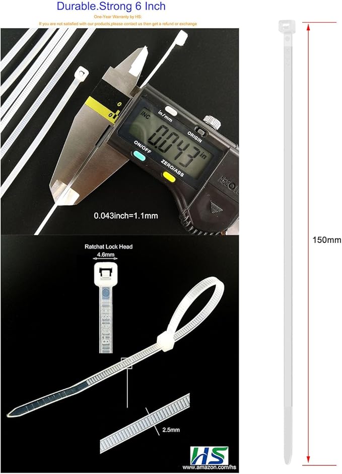 HS Clear Zip Ties 6 Inch Small (Bulk 1000 Pack) 18 LBS Self Locking Zip Ties White Nylon Ties Thin,Strong and Durable